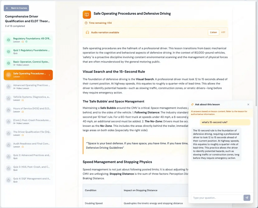 INFOMAX training portal lesson view with the Ask-about-this-lesson AI assistant